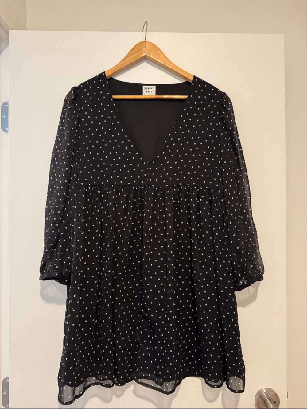 Aritzia Black Polka Dot V-Neck Babydoll Dress